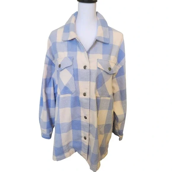 HFX Women's L Plaid Flannel Shirt Jacket Blue White Button Front Long‎ Sleeve - Picture 7 of 9